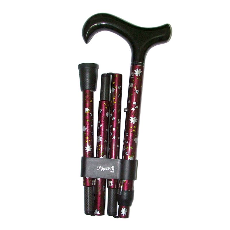 Adjustable Folding Claret Derby Walking Cane with Floral Pattern