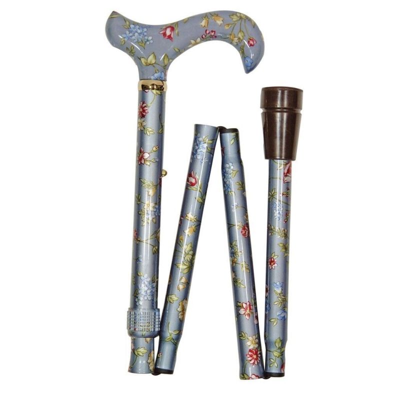 Adjustable Folding Derby Handle Grey-Blue Floral Cane