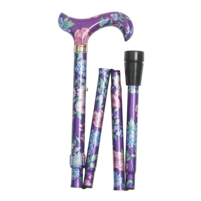 Adjustable Folding Elite Derby Handle Purple Floral Walking Stick for Ladies