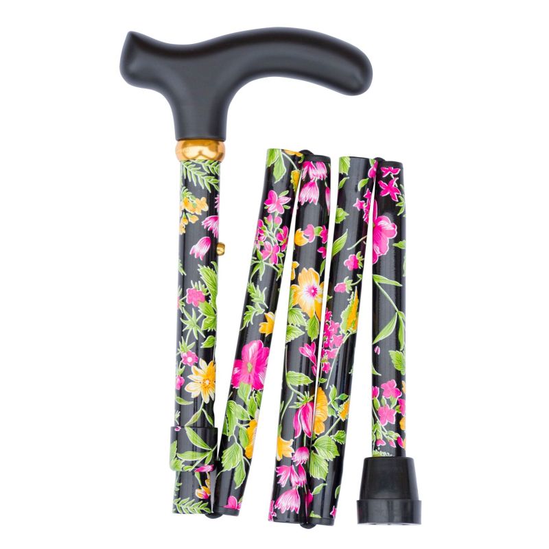 Handbag Adjustable Folding Black Tropical Flowers Walking Stick