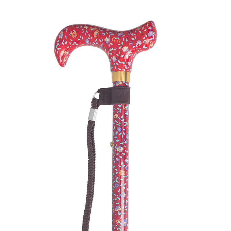 Adjustable Red Floral Patterned Derby Handle Walking Stick