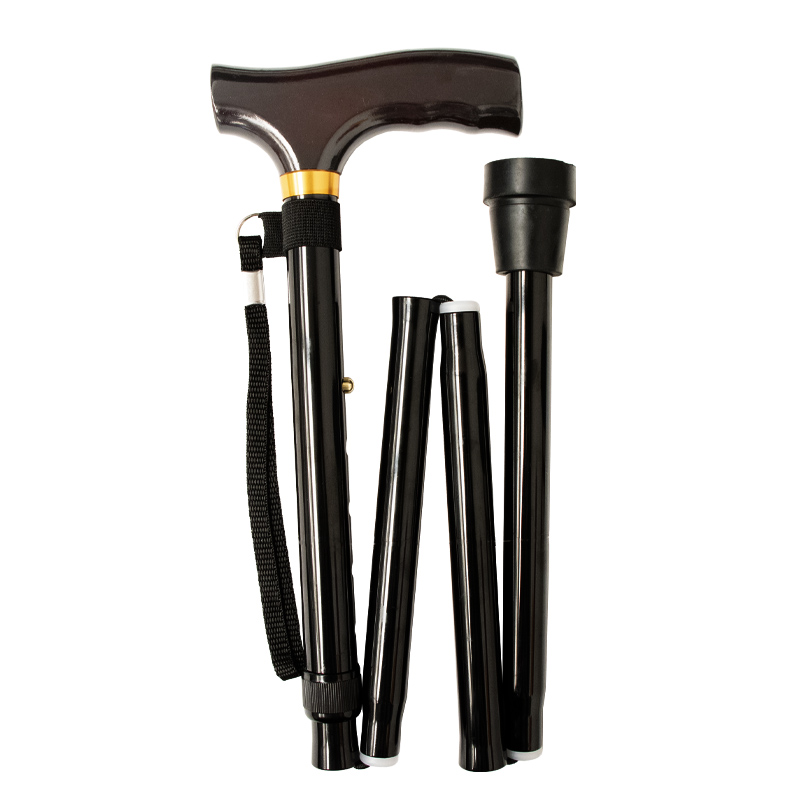 Black Height-Adjustable Folding Cane with Crutch Handle
