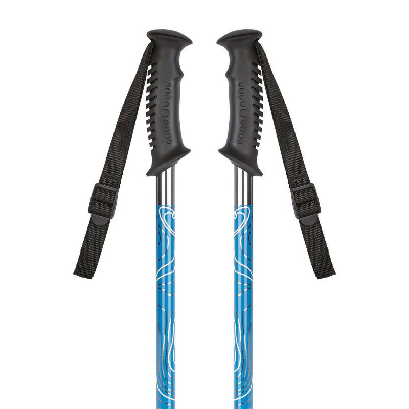 blue and silver hiking poles with black ribbed handles