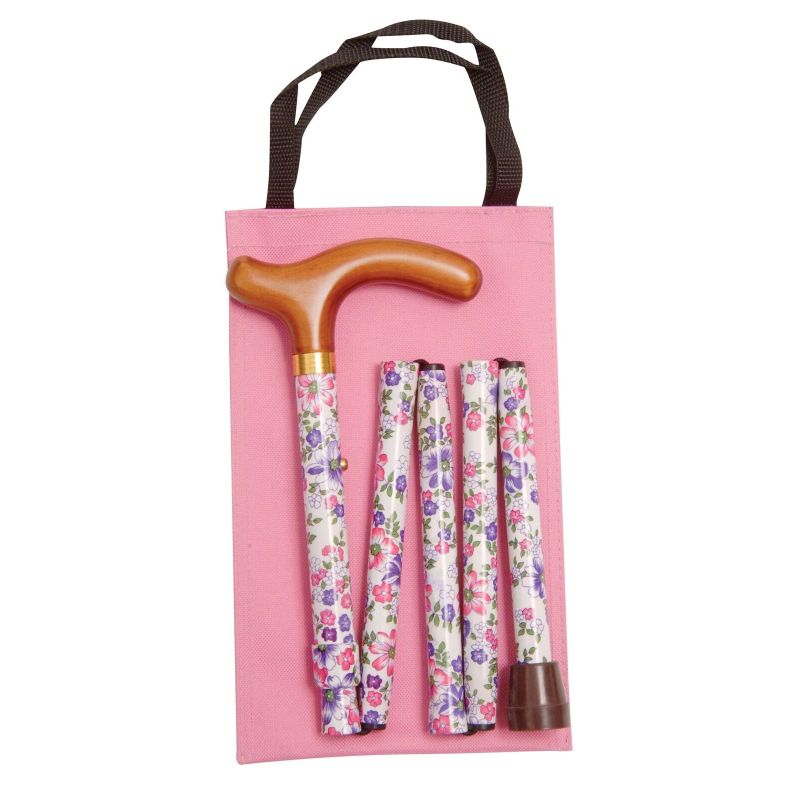 Handbag-Sized Adjustable Folding White, Pink and Purple Floral Walking Cane