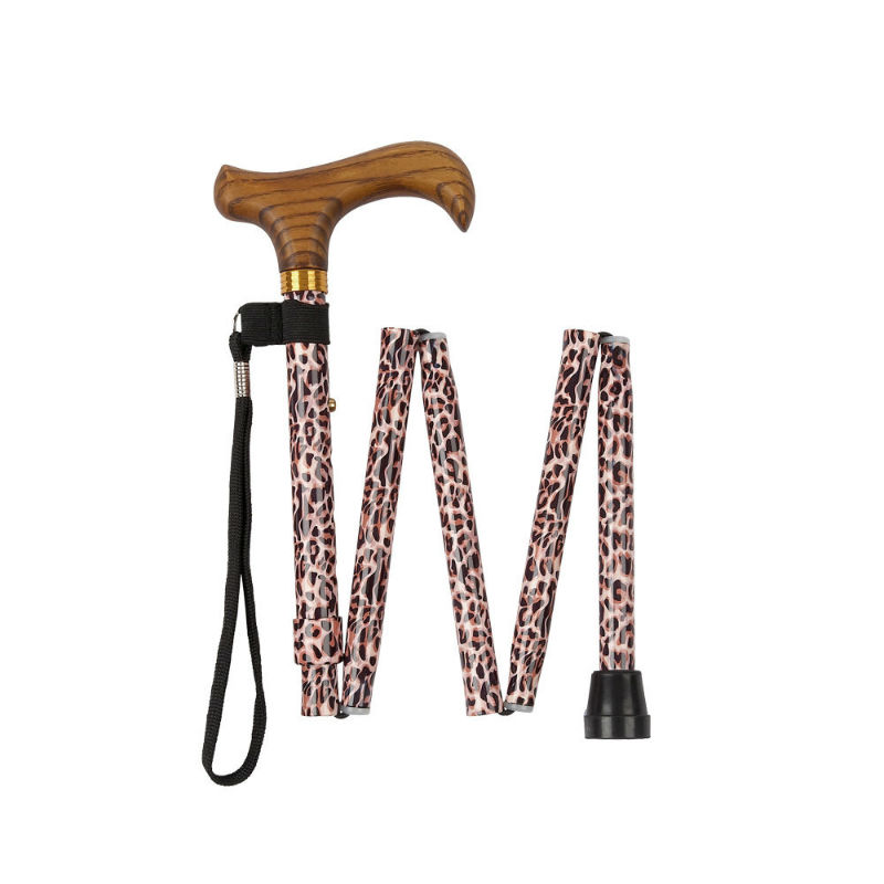 Height-Adjustable Mini Folding Leopard Print Derby Walking Stick