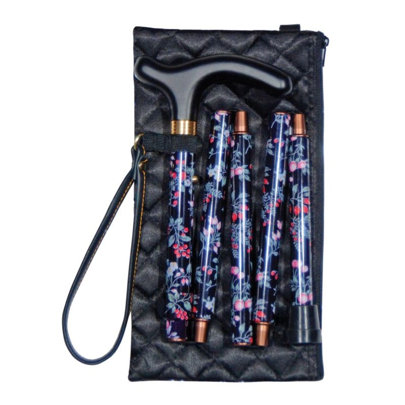 Handbag-Sized Adjustable Folding Black Floral Walking Cane