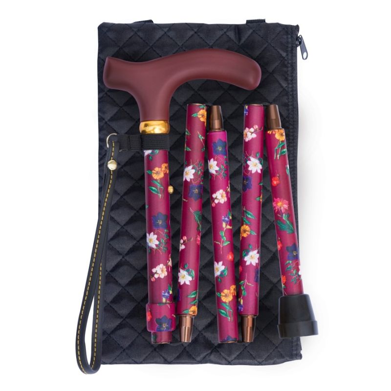 Handbag-Sized Adjustable Folding Claret Floral Walking Cane
