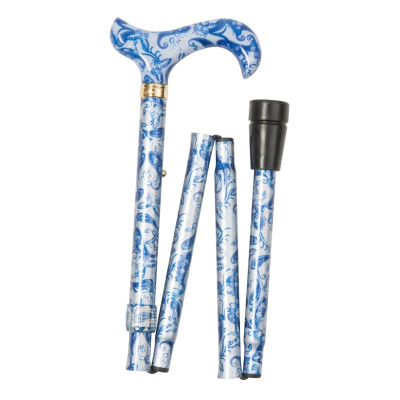 Adjustable Folding Fashion Derby Handle Blue Paisley and Butterflies Walking Stick