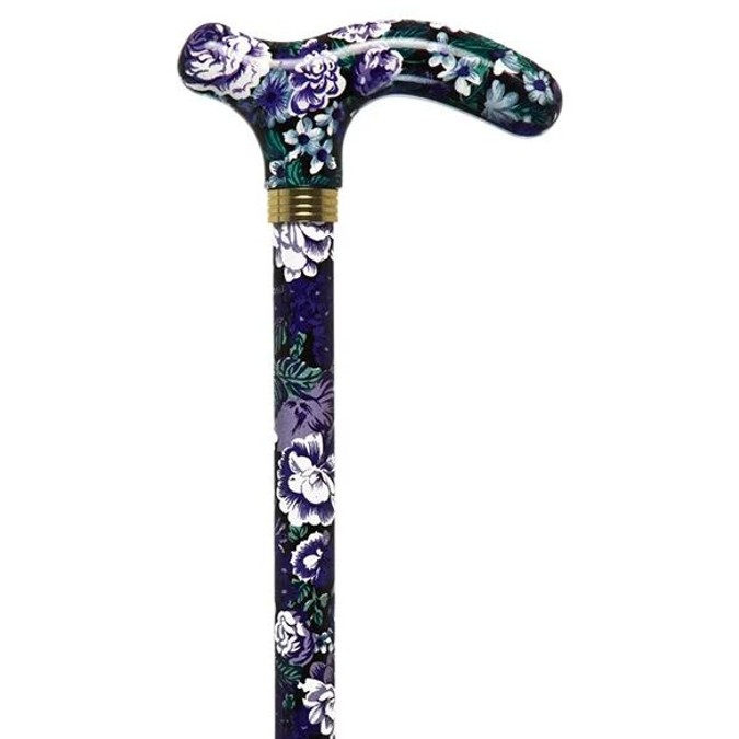 Telescopic Adjustable Derby Walking Stick with Purple Flower Pattern
