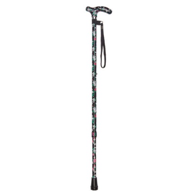 Ziggy Petite Handle Adjustable Walking Stick with Black Floral Pattern