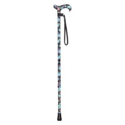 Ziggy Lightweight Adjustable Derby-Handle Walking Stick with Black Floral Pattern