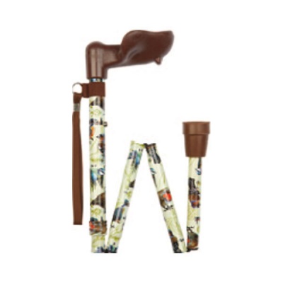 Ziggy Bird-Pattern Adjustable Folding Walking Stick with Anatomical Handle (Left Hand)