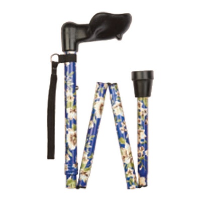 Ziggy Blue Morris Flower Adjustable Folding Walking Stick with Anatomical Handle (Left Hand)