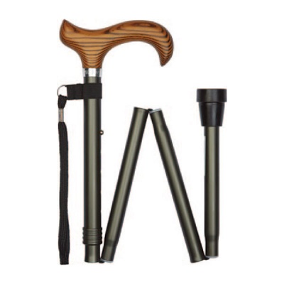 Ziggy Gunmetal Grey Folding Height-Adjustable Walking Stick with Wooden Derby Handle