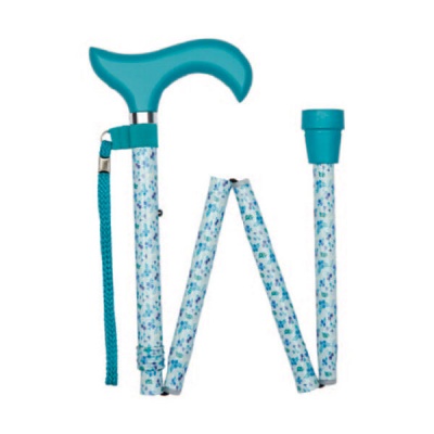 Ziggy Cyan Blue Floral Folding Height-Adjustable Walking Stick with Derby Handle