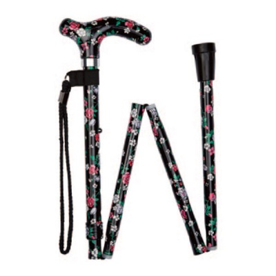 Ziggy Black Floral Petite Handle Folding Adjustable Walking Stick