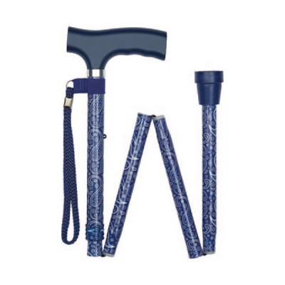 Ziggy Blue Paisley Crutch-Handle Folding Height-Adjustable Walking Stick