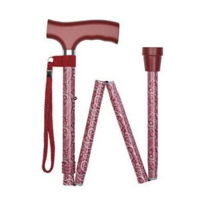 Ziggy Red Paisley Crutch-Handle Folding Height-Adjustable Walking Stick