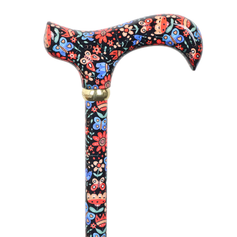 Adjustable Derby Walking Stick with Folk Flowers Pattern