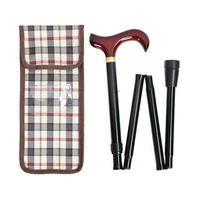 Adjustable Folding Burgundy Derby Handle Walking Stick with Checkered Wallet