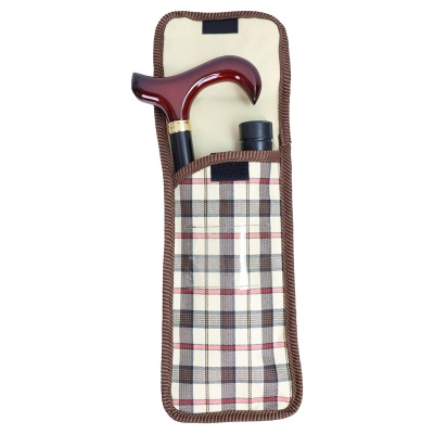 Adjustable Folding Burgundy Derby Handle Walking Stick with Checkered Wallet