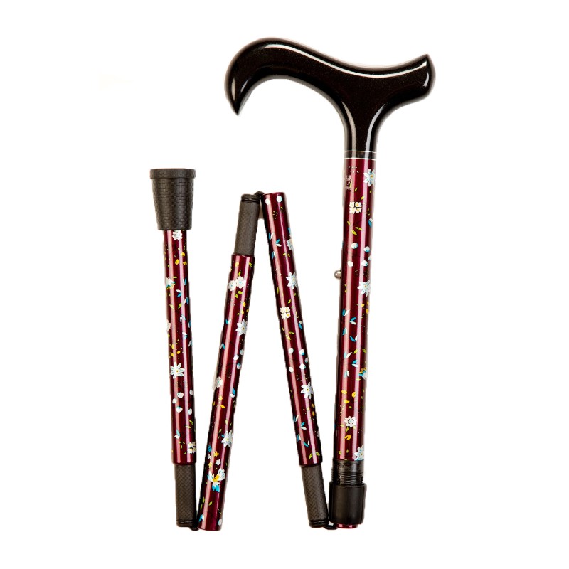 Adjustable Folding Claret Derby Handle Walking Stick with Floral Pattern