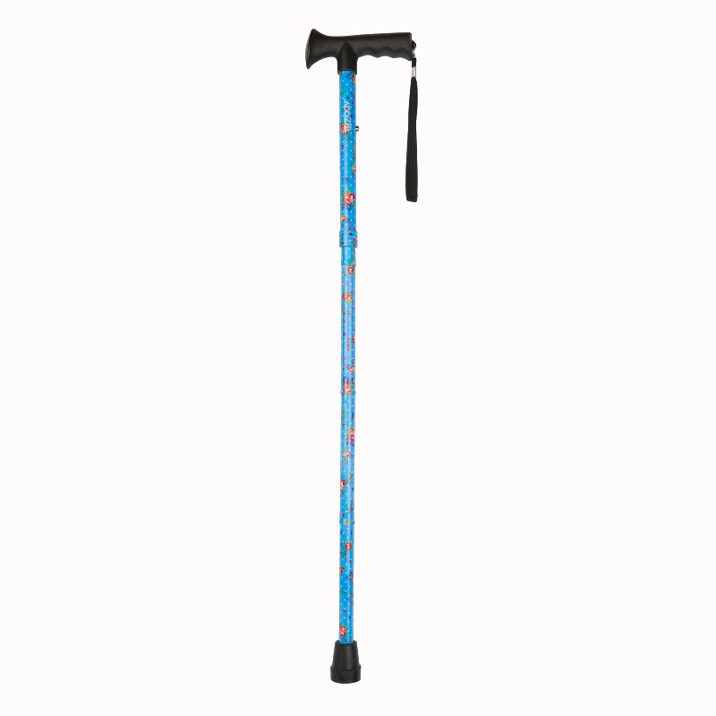 Ziggy Blue Floral Height-Adjustable Folding Walking Stick with Gel Handle