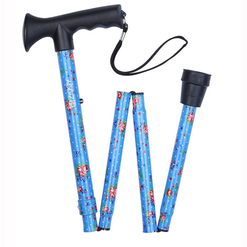 Ziggy Blue Floral Height-Adjustable Folding Walking Stick with Gel Handle