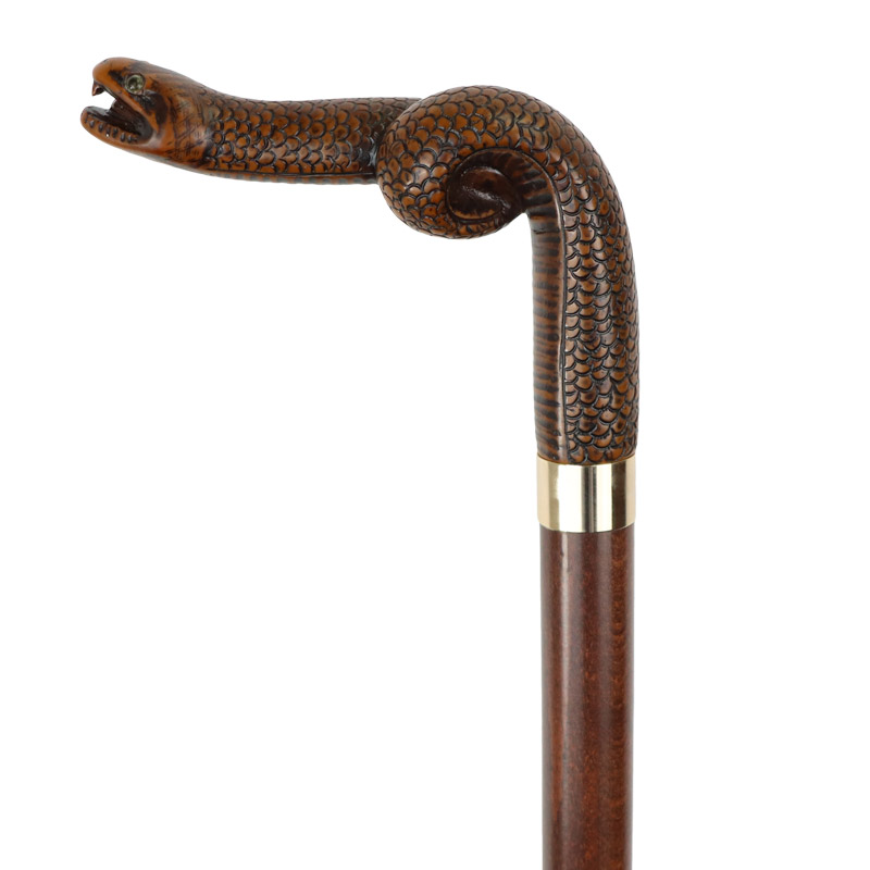 Brown Coiled-Snake Handle Hardwood Walking Cane with Brass Collar