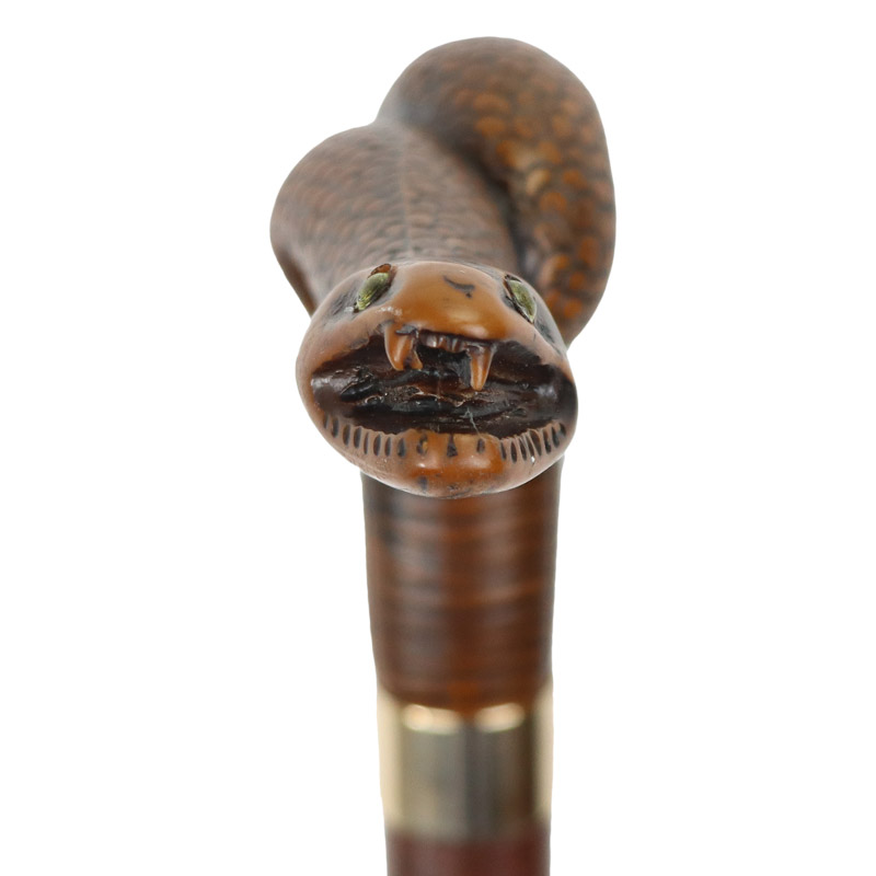 Brown Coiled-Snake Handle Hardwood Walking Cane with Brass Collar