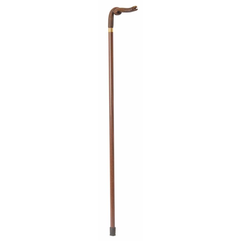 Brown Coiled-Snake Handle Hardwood Walking Cane with Brass Collar