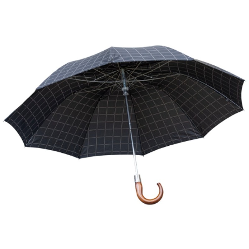 Wooden Crook Grey Check Folding Umbrella