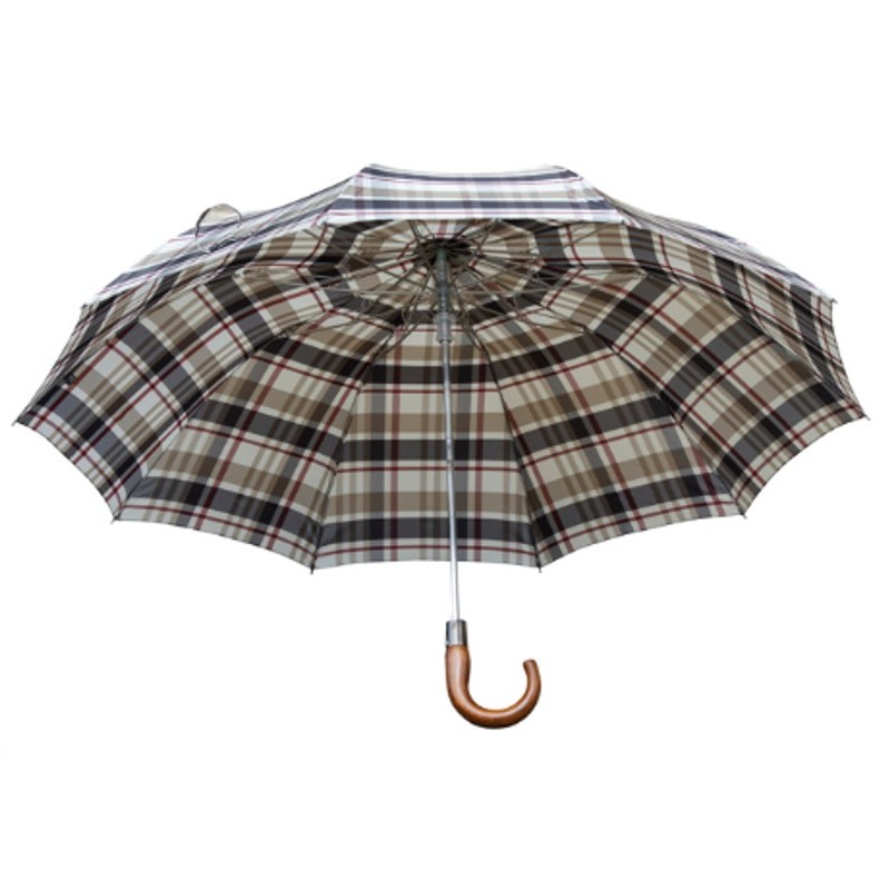 Wooden Crook Multicoloured Check Folding Umbrella
