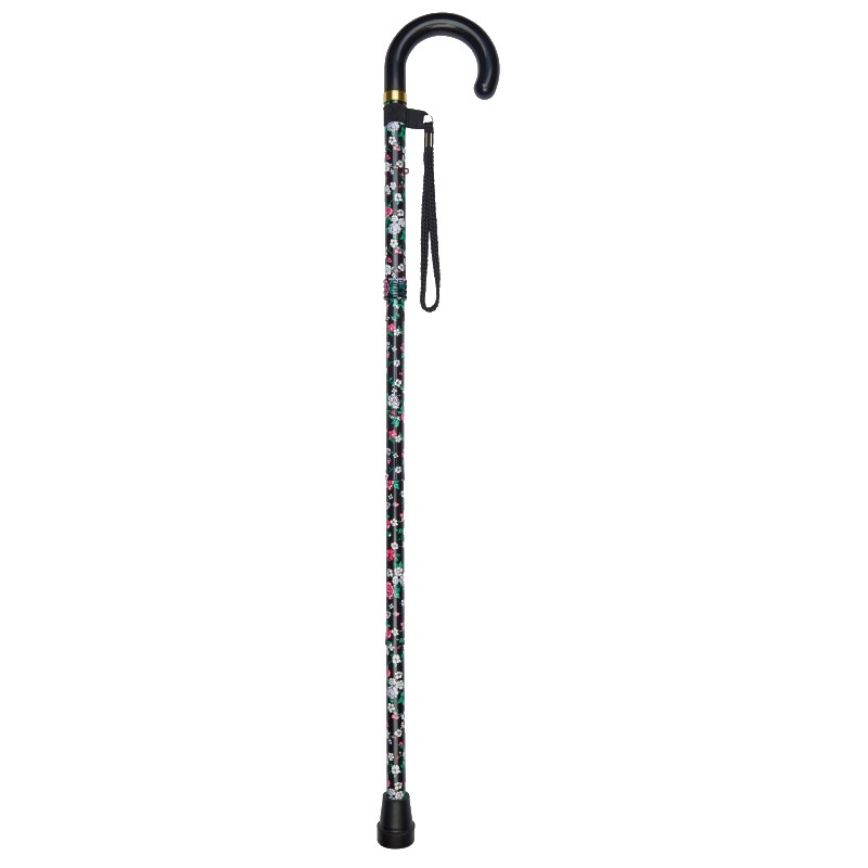 Height-Adjustable Folding Floral Walking Stick with Crook Handle