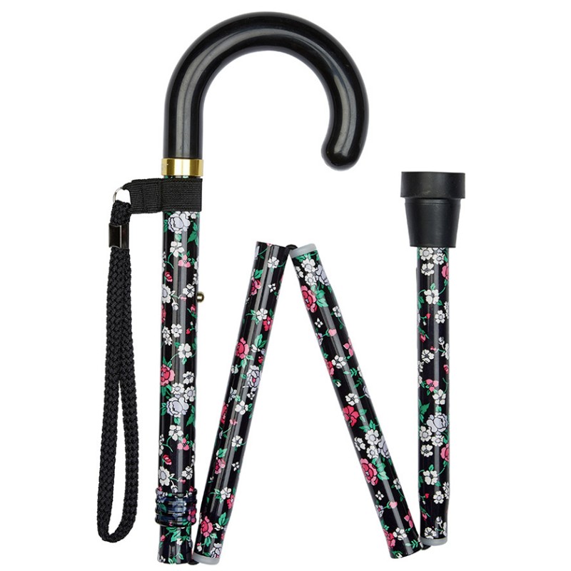 Height-Adjustable Folding Floral Walking Stick with Crook Handle