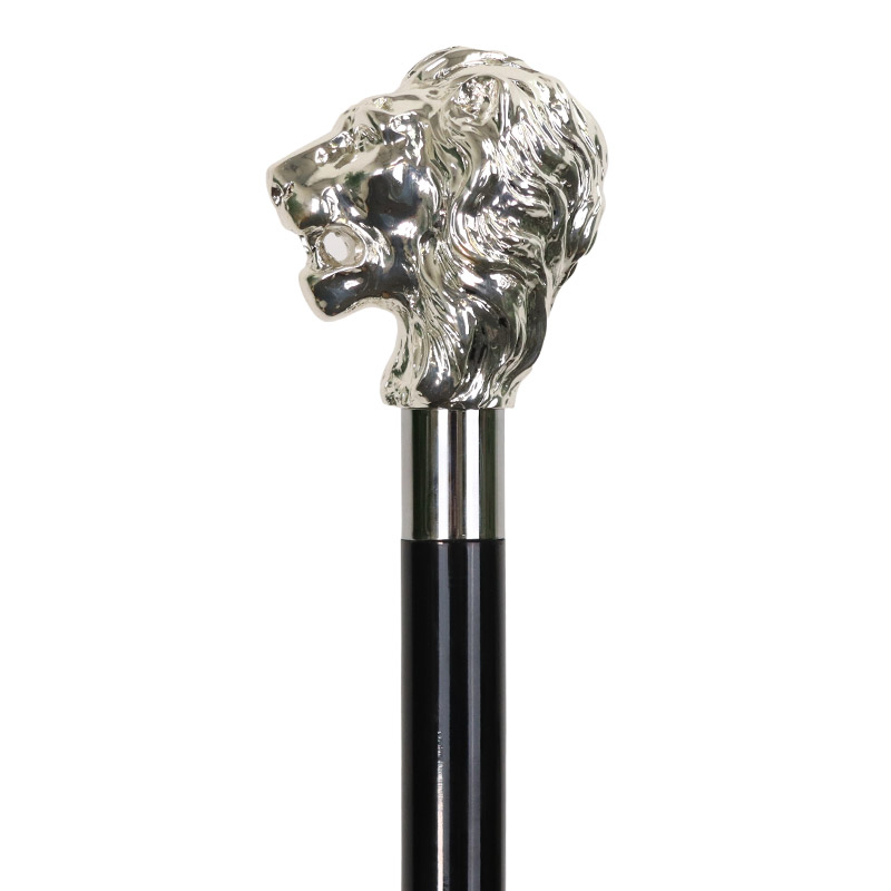 Gentlemen's Formal Black Hardwood Walking Cane with Silver-Plated Lion Head
