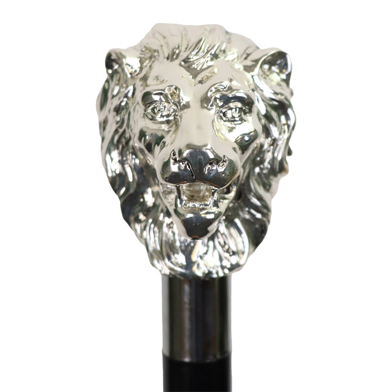 Gentlemen's Formal Black Hardwood Walking Cane with Silver-Plated Lion Head