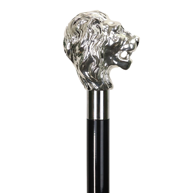 Gentlemen's Formal Black Hardwood Walking Cane with Silver-Plated Lion Head