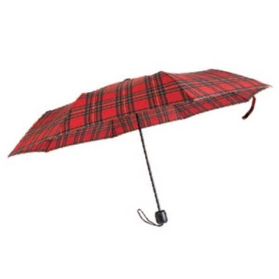 Red Royal Stewart Tartan Mini Folding Umbrella with Protective Sleeve