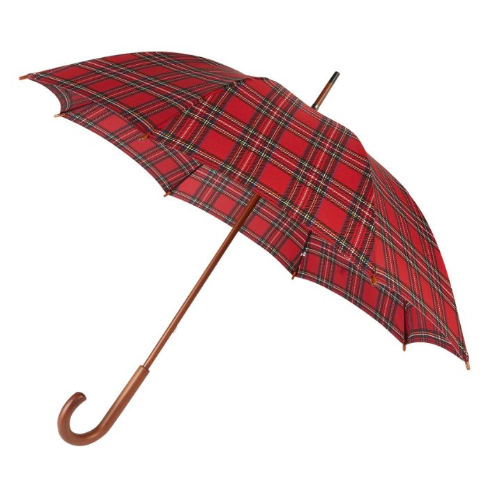 Red Royal Stewart Tartan Large-Canopy Umbrella with Crook Handle