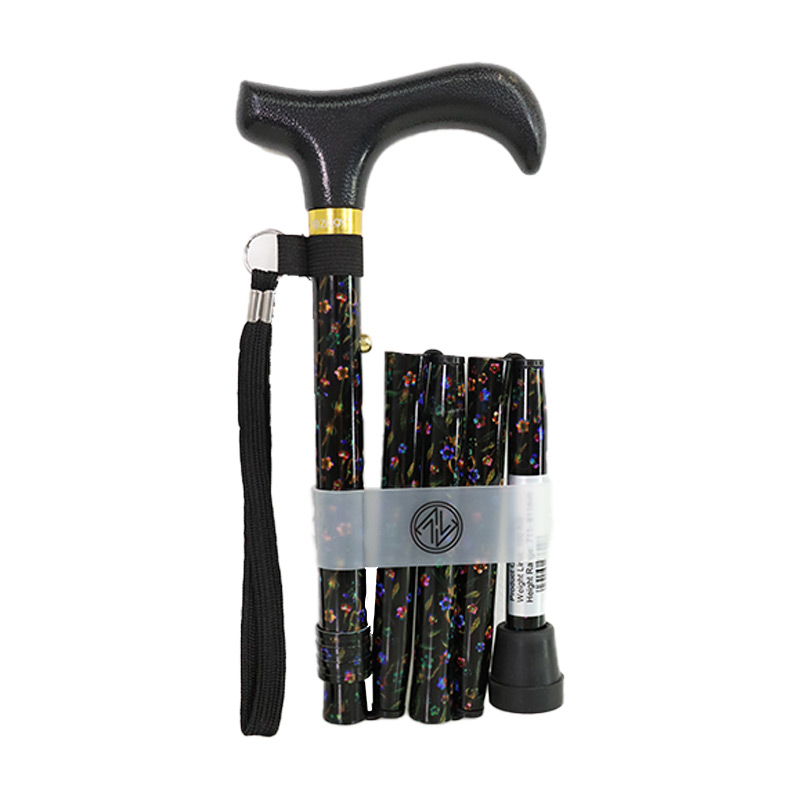 Ziggy Black Floral Short Height-Adjustable Folding Walking Stick