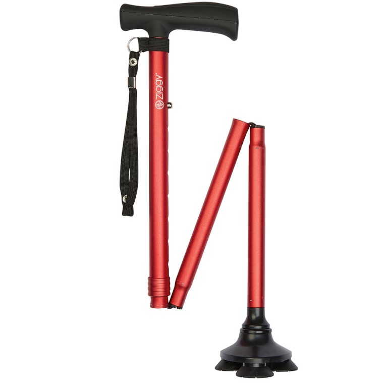 Ziggy Burgundy Tribase Height-Adjustable Folding Walking Stick with Crutch Handle