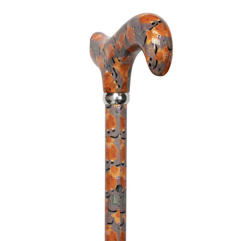 Adjustable Aluminium Derby Walking Stick with Highland Cows Design