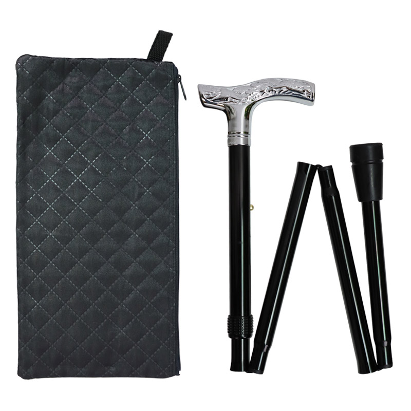 Adjustable Folding Chrome Crutch Handle Walking Stick with Black Quilted Wallet