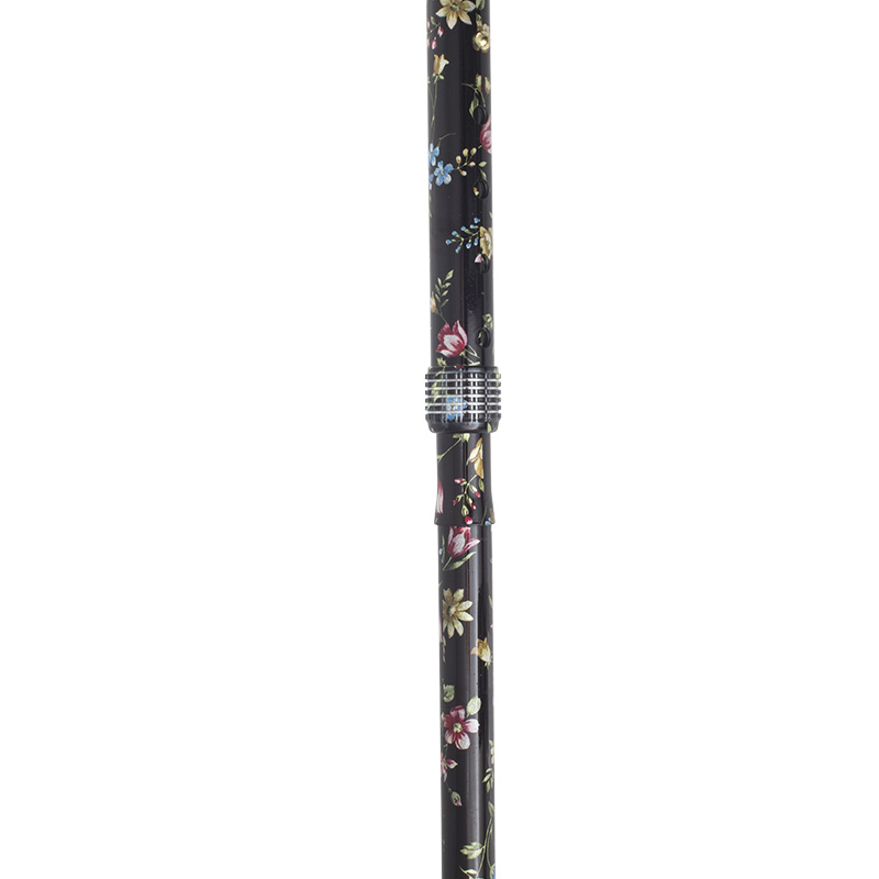 Adjustable Elite Derby Handle Black Floral Folding Walking Stick