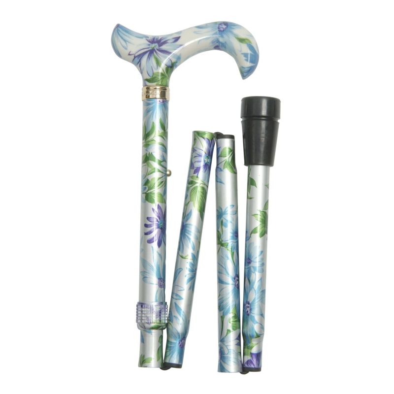 Adjustable Folding Elite Derby Handle Blue and Green Floral Walking Stick