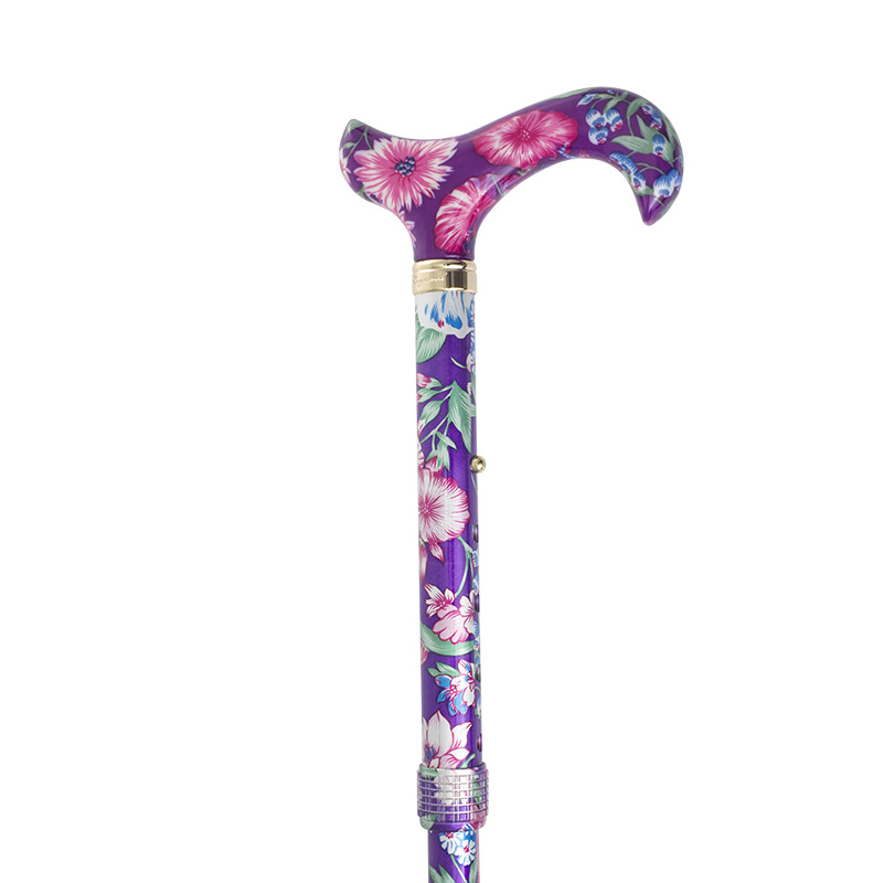 Adjustable Folding Elite Derby Handle Purple Floral Walking Stick for Ladies