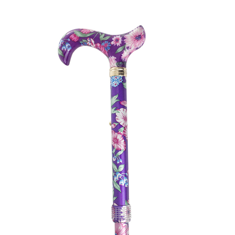 Adjustable Folding Elite Derby Handle Purple Floral Walking Stick for Ladies