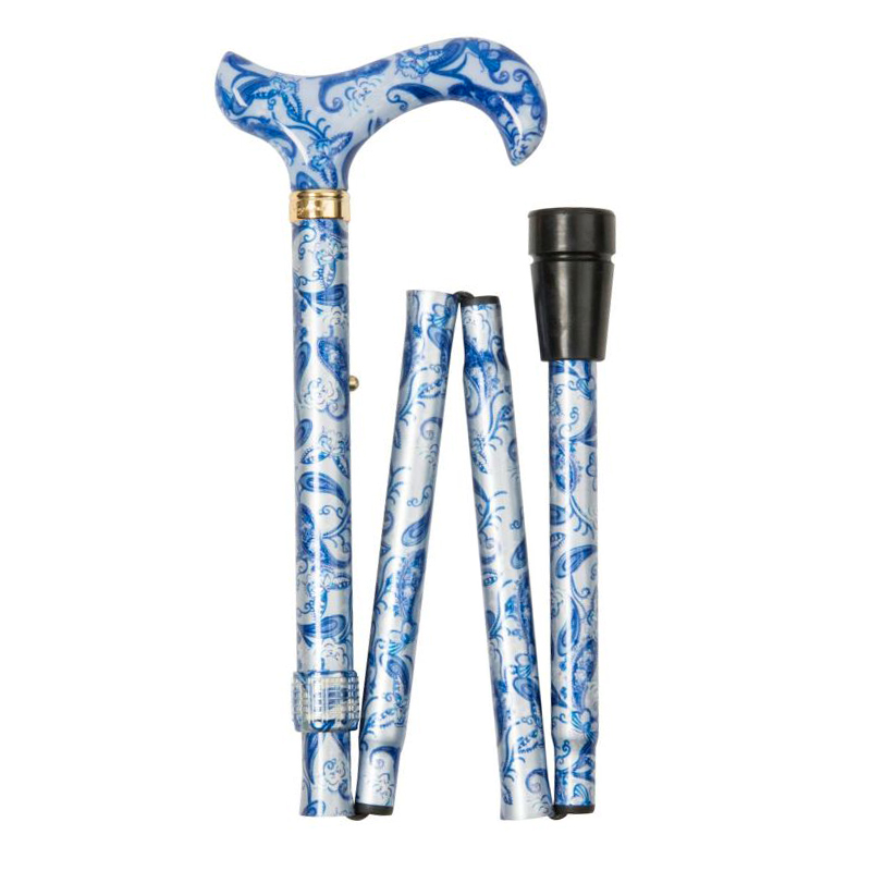 Adjustable Folding Fashion Derby Handle Blue Paisley and Butterflies Walking Stick