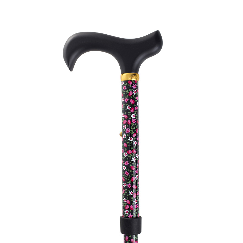 Adjustable Folding Fashion Value Derby Handle Black Floral Walking Cane